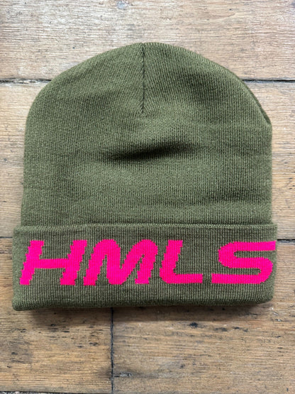 HMLSWRLD Utility Beanie – Olive / Hot Pink